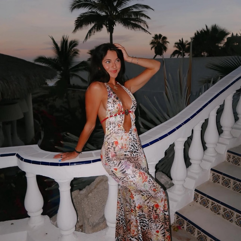 Floral Animal Print Halter Dress with Red Accents